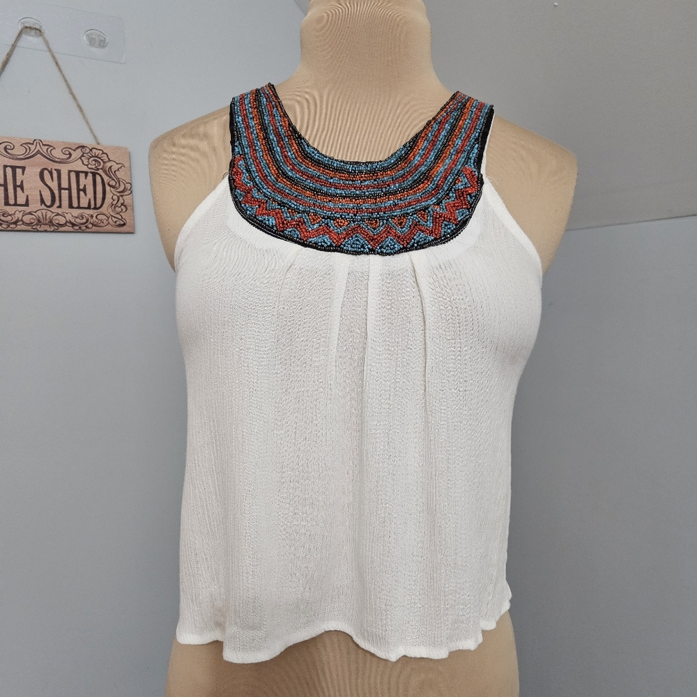 New Lace + Whiskey‎ Beaded Halter Tank Top Ivory Medium Boho Festival Chic Gypsy